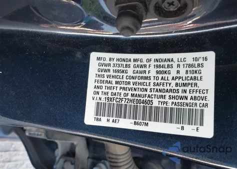 2017 Honda Civic Ex from USA, damaged, VIN 19XFC2F72HE004605